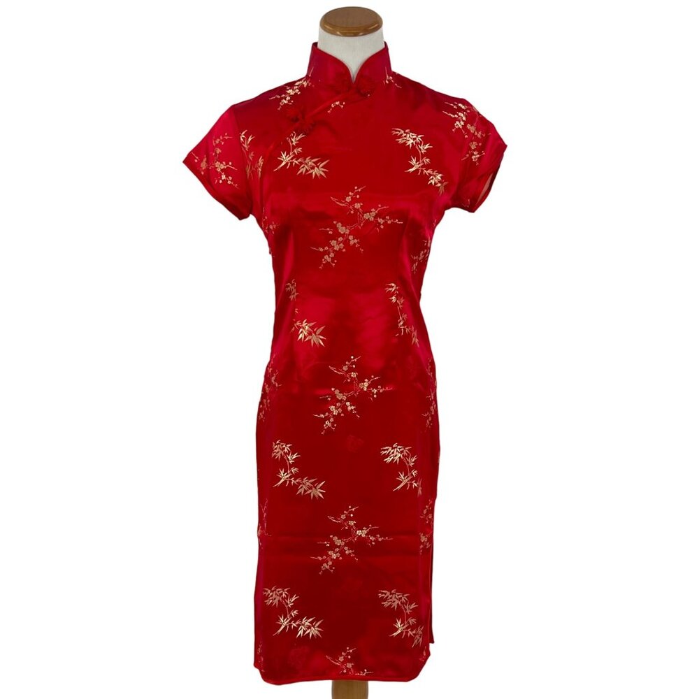 Vintage Y2K 90s DiYuange Red Satin Gold Floral Embroidered Cheongsam Qipao Dress - Picture 2 of 16
